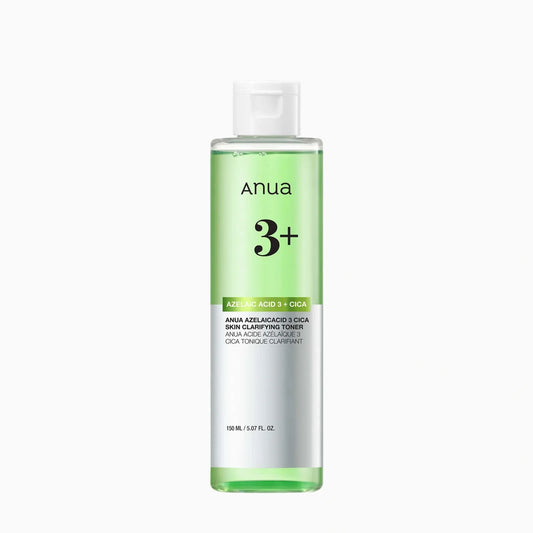 Front view of the Anua Azelaic Acid 3 Cica Skin Clarifying Toner bottle with green and white label, 150 ml / 5.07 fl. oz.
