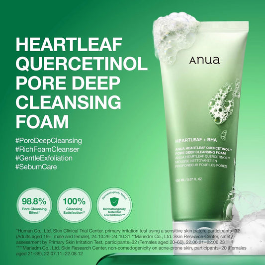 Anua Heartleaf Quercetinol Pore Deep Cleansing Foam promotional graphic with the tube and foam, listing pore deep cleansing, rich foam cleanser, gentle exfoliation and sebum care