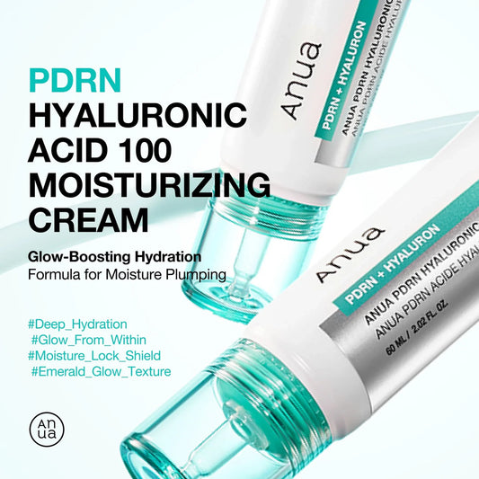 Promotional image for Anua PDRN Hyaluronic Acid 100 Moisturizing Cream showing two white 60 ml tubes with green caps on a pale teal background, with the text Glow-Boosting Hydration Formula for Moisture Plumping.