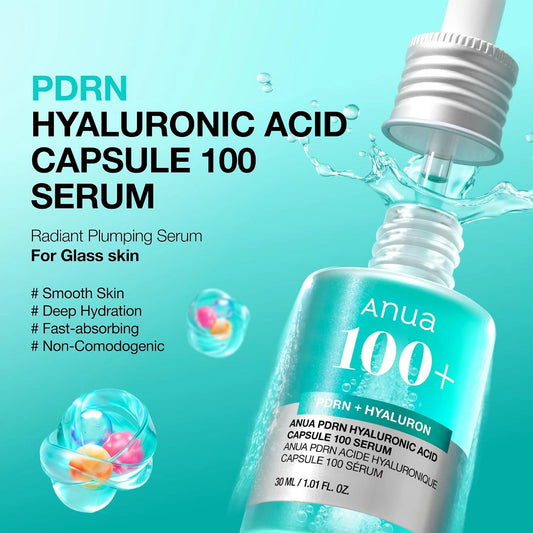 Anua PDRN Hyaluronic Acid Capsule 100 Serum 30 ml bottle tipped forward with a splash of emerald serum, beside text listing PDRN hyaluronic acid capsule 100 serum benefits such as smooth skin, deep hydration and non-comedogenic