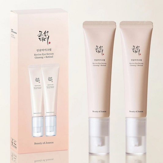 Beauty of Joseon Revive Eye Serum Ginseng + Retinal 30ml pink box beside two beige serum tubes on light background