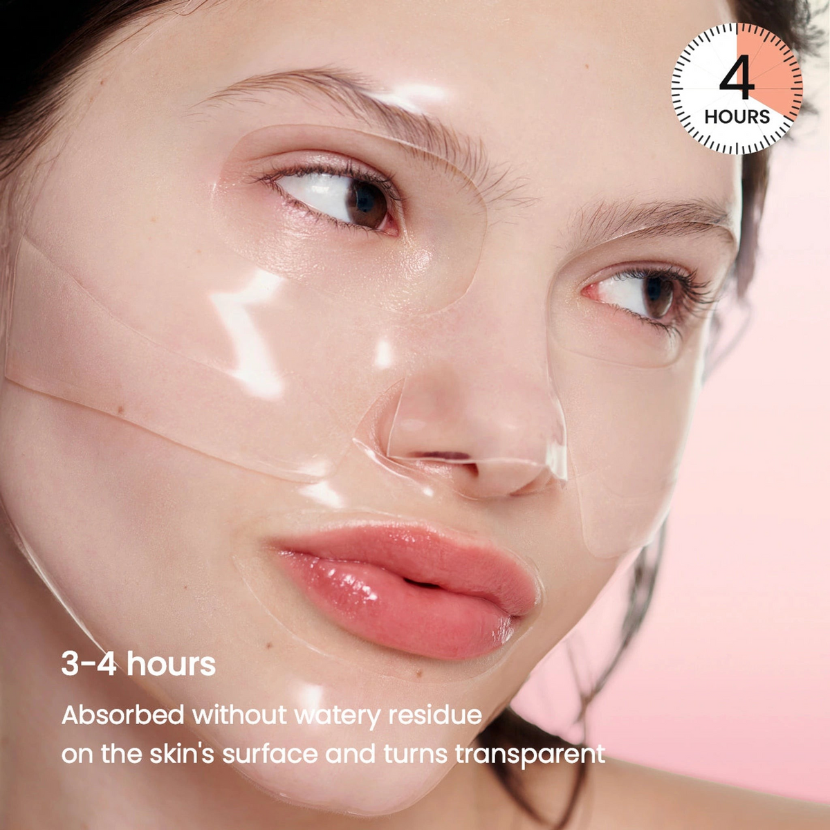 Biodance Bio-Collagen Real Deep Mask 34g worn on the face, hydrogel sheet turning transparent on skin
