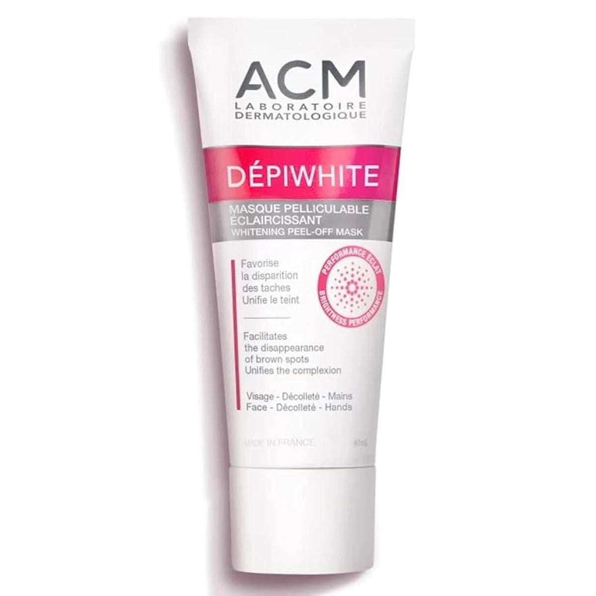 ACM Laboratoire Dermatologique Dépiwhite Whitening Peel-Off Mask tube, 40ml, with pink Dépiwhite branding and Made in France text