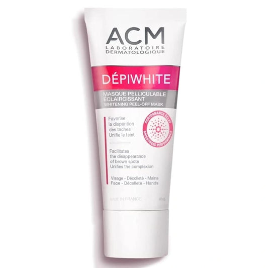ACM Laboratoire Dermatologique Dépiwhite Whitening Peel-Off Mask tube, 40ml, with pink Dépiwhite branding and Made in France text