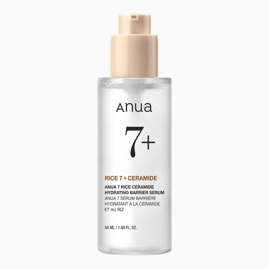 Anua 7 Rice Ceramide Hydrating Barrier Serum 50ml white pump bottle front packshot on a white background