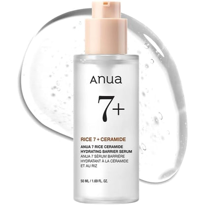 Anua 7 Rice Ceramide Hydrating Barrier Serum 50ml pump bottle with a peach-coloured pump, shown on a clear gel-like background