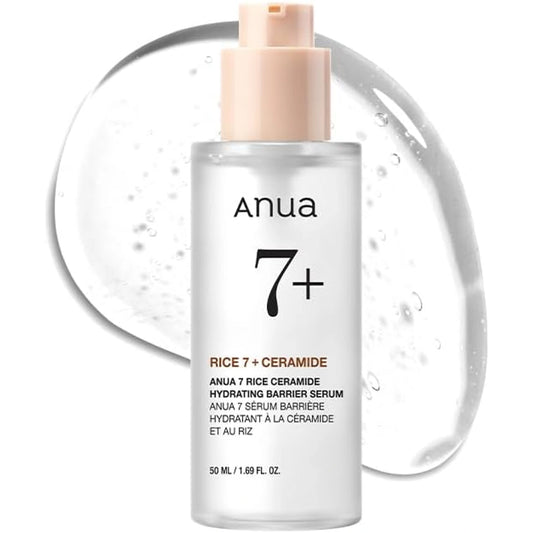 Anua 7 Rice Ceramide Hydrating Barrier Serum 50ml pump bottle with a peach-coloured pump, shown on a clear gel-like background