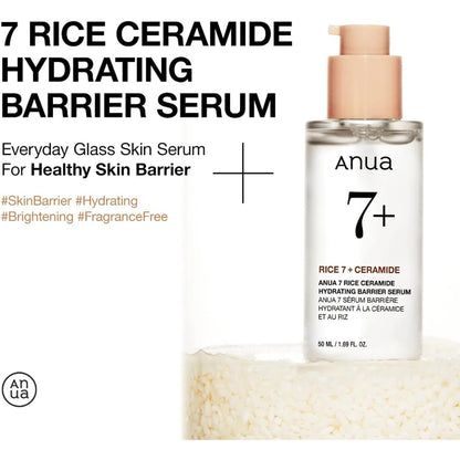 Anua 7 Rice Ceramide Hydrating Barrier Serum 50ml bottle resting on a bed of rice beside text reading Everyday Glass Skin Serum for Healthy Skin Barrier