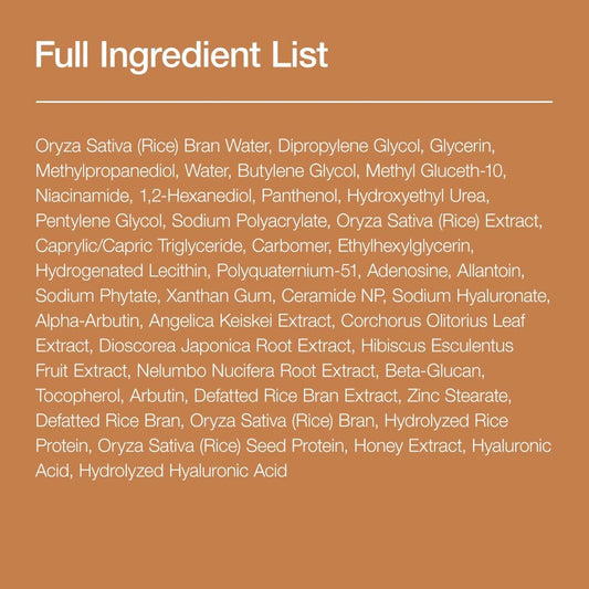 Full ingredient list for Anua 7 Rice Ceramide Hydrating Barrier Serum printed in white text on a tan background, starting with Oryza Sativa (Rice) Bran Water