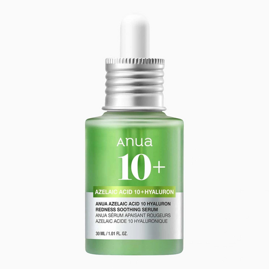 Anua Azelaic Acid 10 Hyaluron Redness Soothing Serum 30ml green dropper bottle, front view on white background