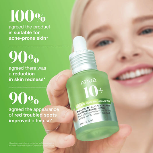 Anua Azelaic Acid 10 Hyaluron Redness Soothing Serum 30ml bottle held in hand with model smiling behind it