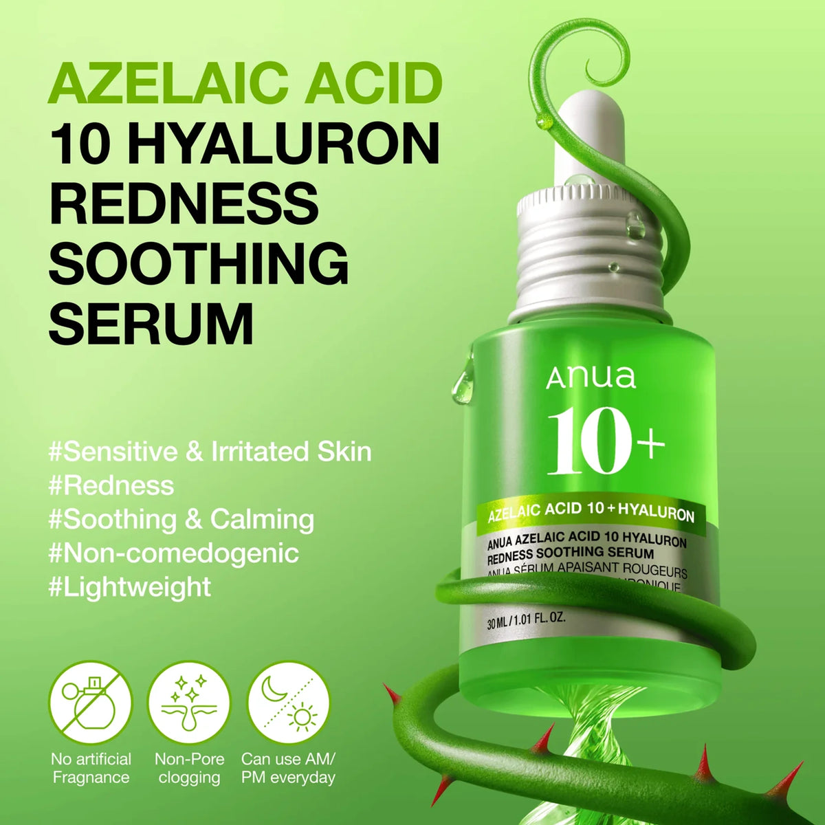 Anua Azelaic Acid 10 Hyaluron Redness Soothing Serum bottle wrapped in a green stem beside text listing benefits for sensitive, irritated and redness-prone skin