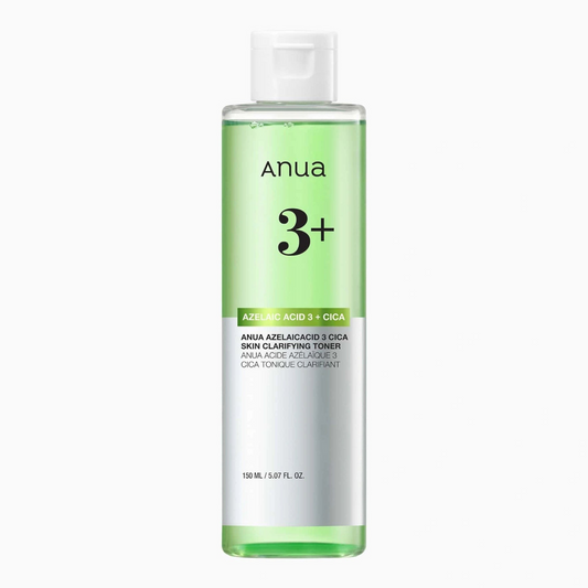 Anua Azelaic Acid 3 Cica Skin Clarifying Toner 150ml, clear bottle with white cap and green liquid, full front packshot