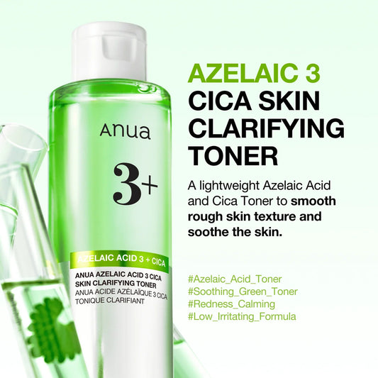 Anua Azelaic 3 Cica Skin Clarifying Toner bottle beside promotional text describing it as a lightweight azelaic acid and cica toner to smooth rough texture and soothe skin