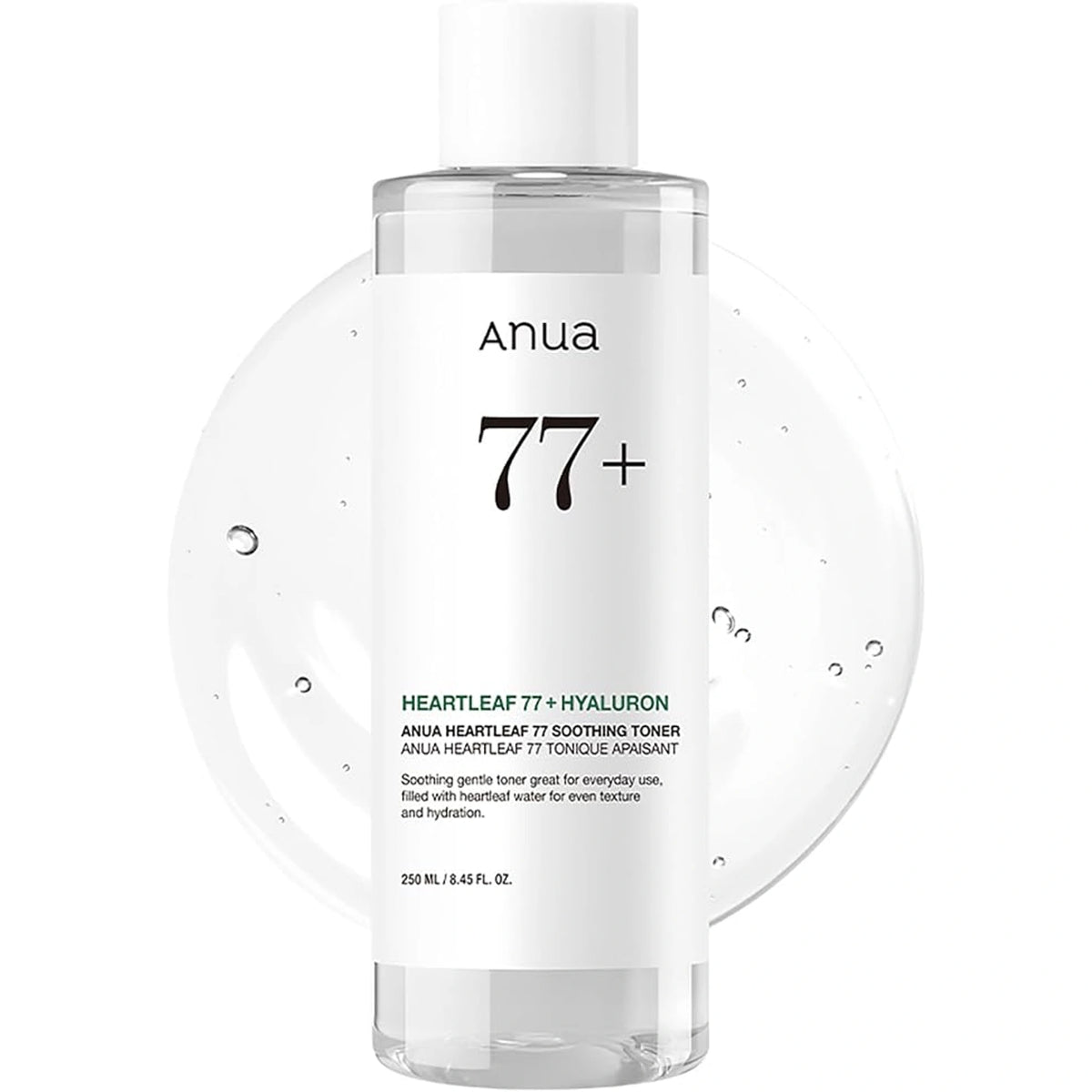 Anua Heartleaf 77 Soothing Toner 250 ml bottle with a clear water droplet background