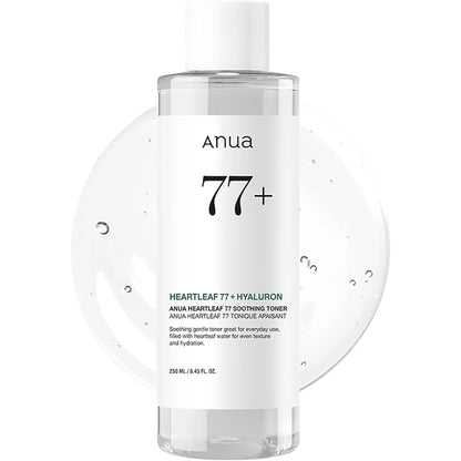 Anua Heartleaf 77 Soothing Toner 250 ml bottle with a clear water droplet background
