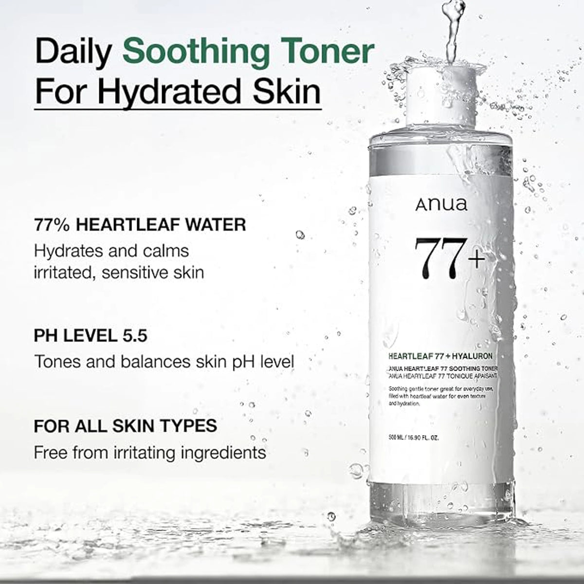 Daily Soothing Toner For Hydrated Skin graphic listing 77% heartleaf water, pH 5.5 and all skin types next to a water-splashed Anua Heartleaf 77 Soothing Toner bottle