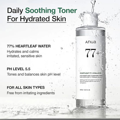 Daily Soothing Toner For Hydrated Skin graphic listing 77% heartleaf water, pH 5.5 and all skin types next to a water-splashed Anua Heartleaf 77 Soothing Toner bottle