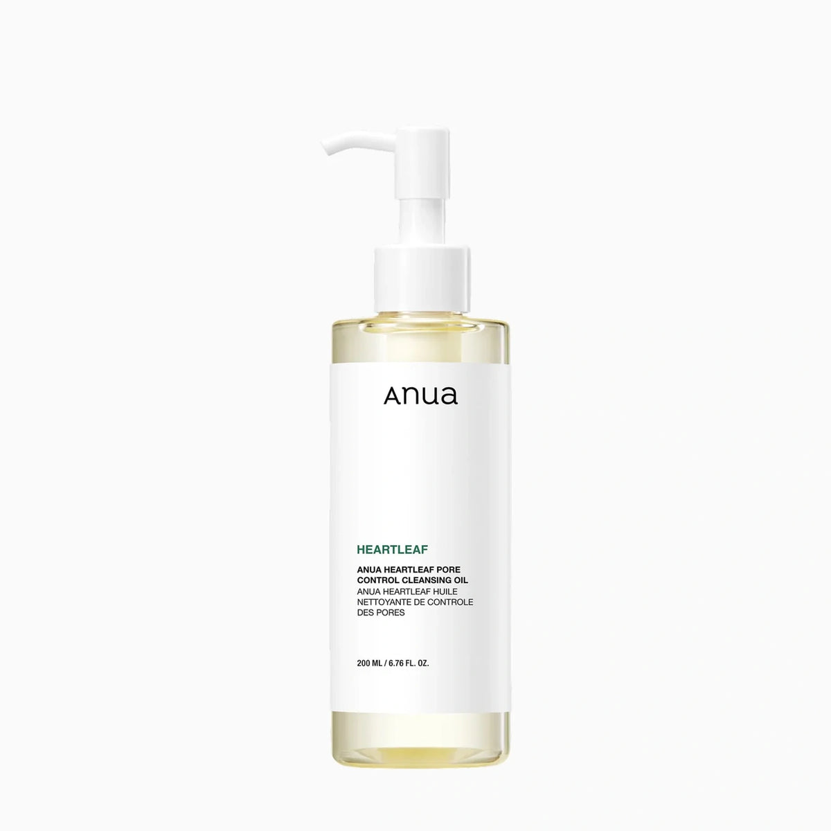 Anua Heartleaf Pore Control Cleansing Oil 200ml white pump bottle filled with pale yellow cleansing oil
