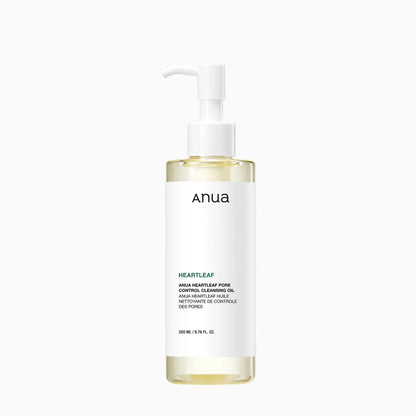 Anua Heartleaf Pore Control Cleansing Oil 200ml white pump bottle filled with pale yellow cleansing oil