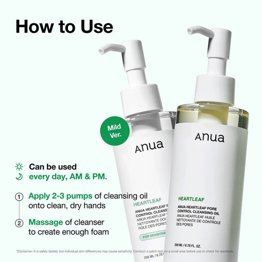 How to Use graphic showing Anua Heartleaf Pore Control Cleansing Oil 200ml pump bottles with steps for applying 2-3 pumps and massaging into dry skin