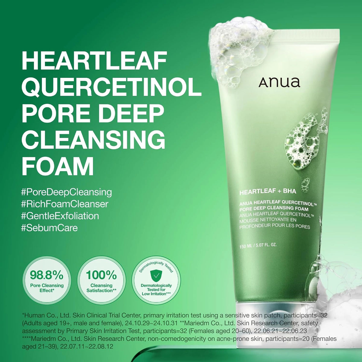 Anua Heartleaf Quercetinol Pore Deep Cleansing Foam promotional graphic with the tube and foam, listing pore deep cleansing, rich foam cleanser, gentle exfoliation and sebum care