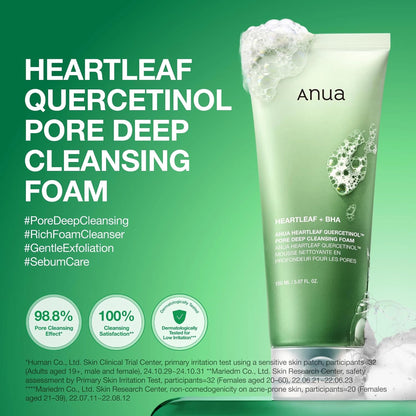 Anua Heartleaf Quercetinol Pore Deep Cleansing Foam promotional graphic with the tube and foam, listing pore deep cleansing, rich foam cleanser, gentle exfoliation and sebum care