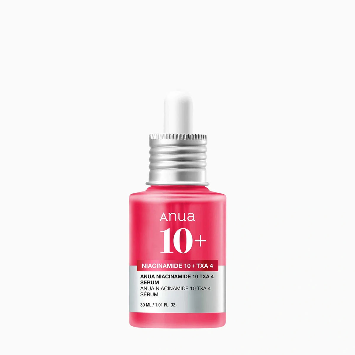 Anua Niacinamide 10 + TXA 4 Serum dropper bottle with silver cap and pink label showing 30 ml size