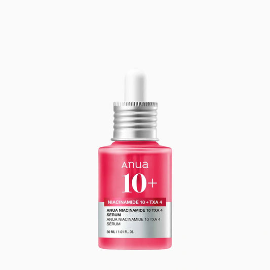 Anua Niacinamide 10 + TXA 4 Serum dropper bottle with silver cap and pink label showing 30 ml size