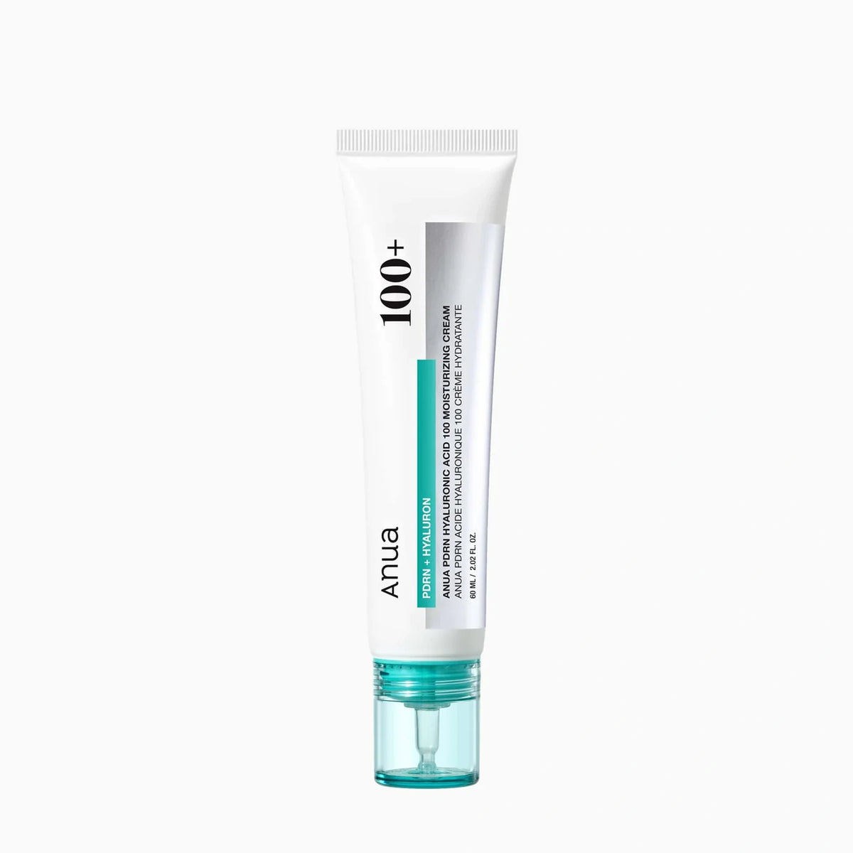 Anua PDRN Hyaluronic Acid 100 Moisturizing Cream 60 ml white tube with a green cap and silver label printed with 100+, standing upright on a plain white background.
