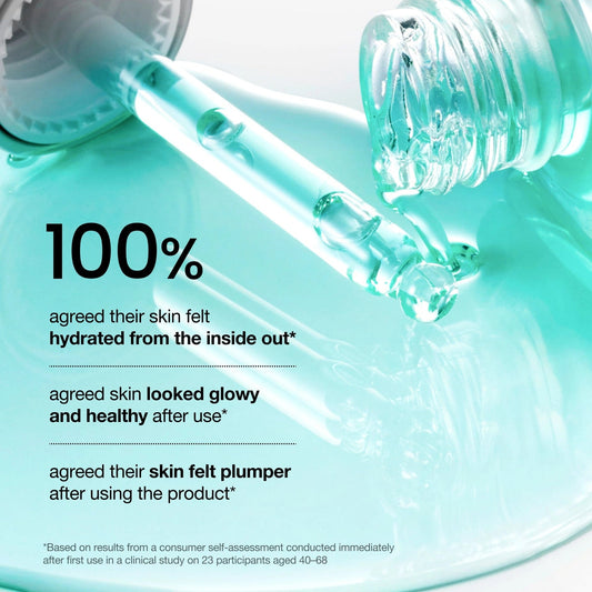 Anua PDRN Hyaluronic Acid Capsule 100 Serum 30ml dropper releasing clear aqua serum, texture close-up