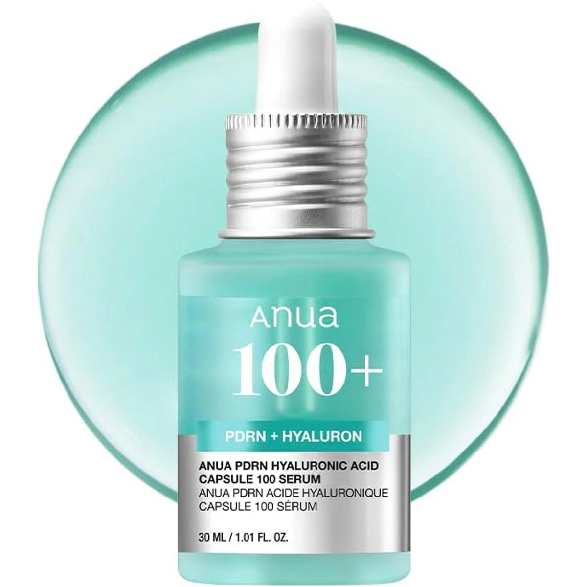 Anua PDRN Hyaluronic Acid Capsule 100 Serum 30 ml dropper bottle with a silver cap on a light teal background with a translucent round serum graphic