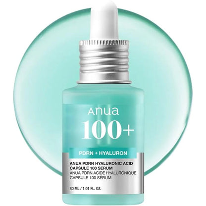 Anua PDRN Hyaluronic Acid Capsule 100 Serum 30 ml dropper bottle with a silver cap on a light teal background with a translucent round serum graphic