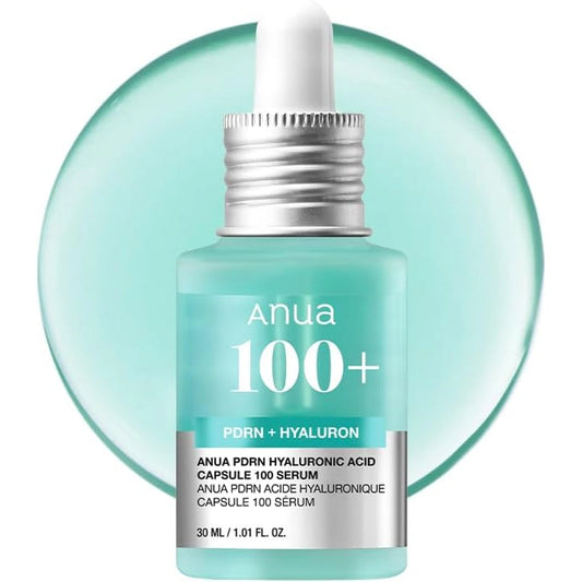 Anua PDRN Hyaluronic Acid Capsule 100 Serum 30 ml dropper bottle with a silver cap on a light teal background with a translucent round serum graphic