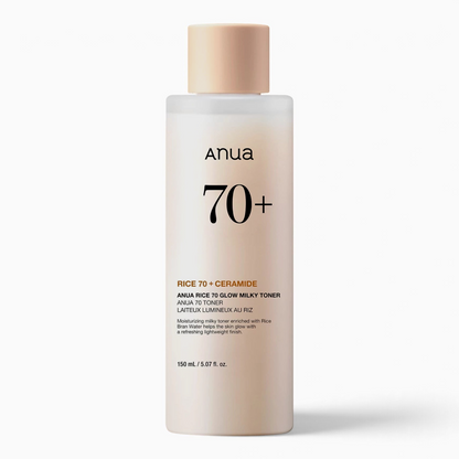 Anua Rice 70 Glow Milky Toner 150ml front view: full milky toner bottle with peach cap on plain white background