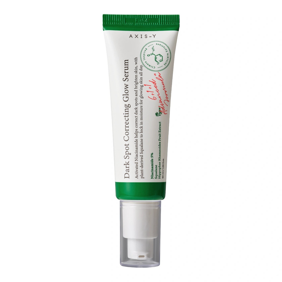 AXIS-Y Dark Spot Correcting Glow Serum 6+1+1 Advanced Formula 50ml white tube with green cap, front packshot on white background