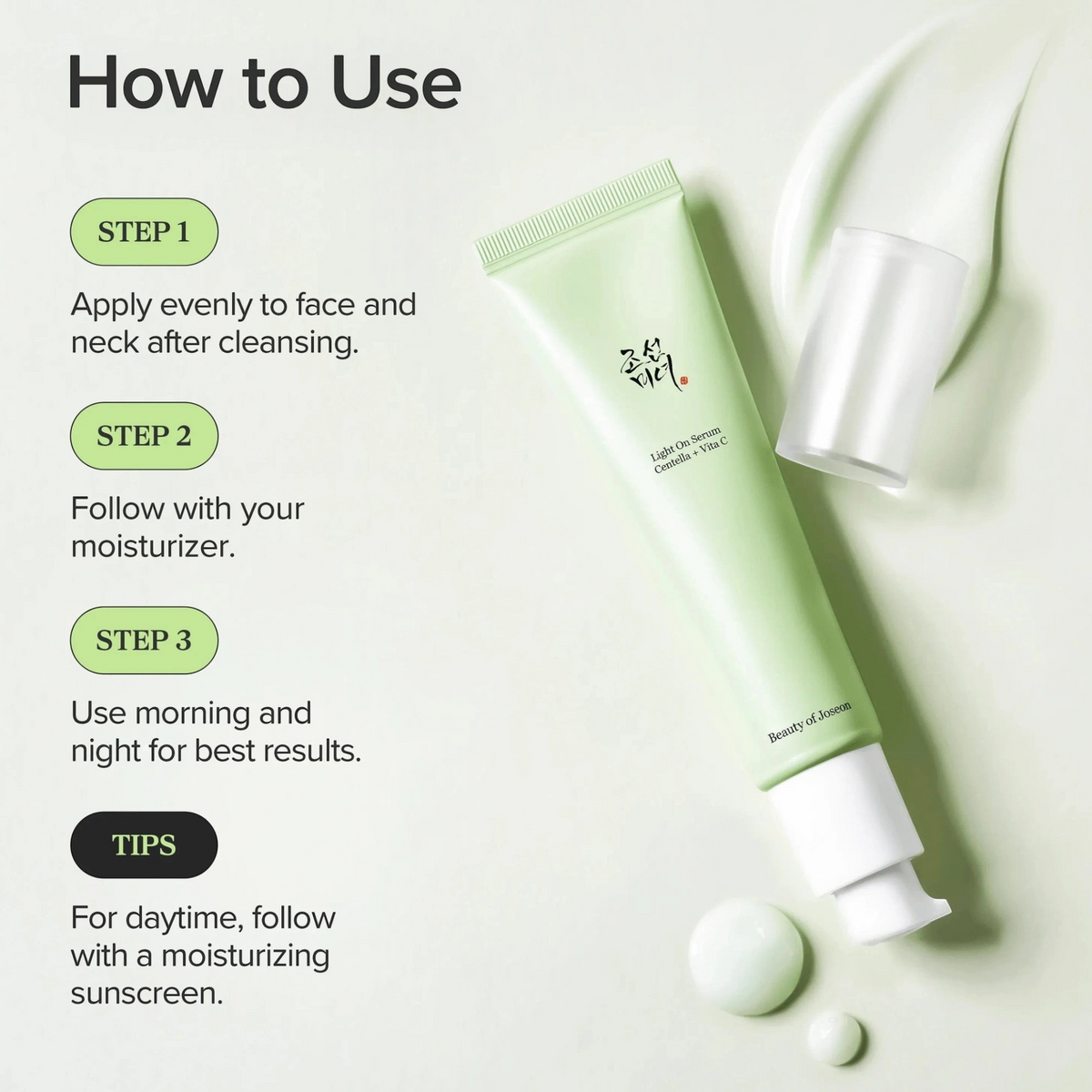 Beauty of Joseon Light On Serum Centella + Vita C 30ml tube with pump open and serum droplets, how-to-use graphic