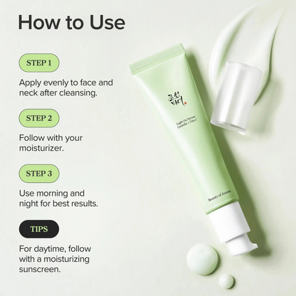 Beauty of Joseon Light On Serum Centella + Vita C 30ml tube with pump open and serum droplets, how-to-use graphic