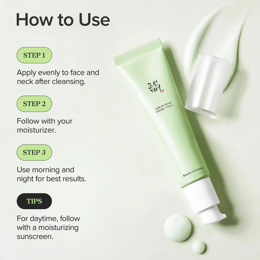 Beauty of Joseon Light On Serum Centella + Vita C 30ml tube with pump open and serum droplets, how-to-use graphic