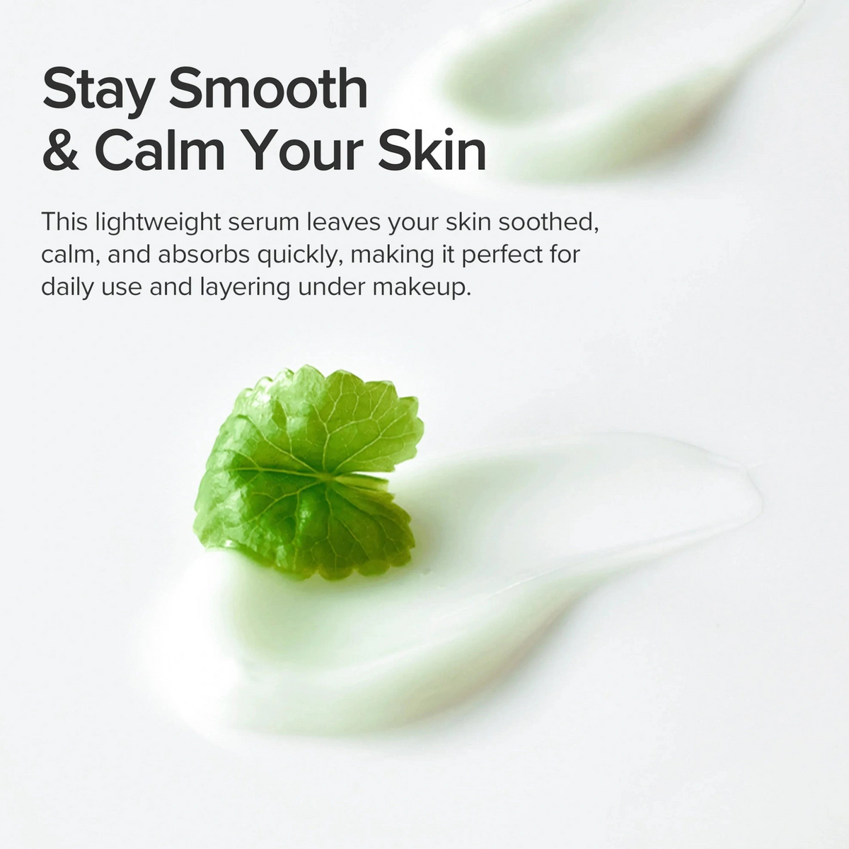 Beauty of Joseon Light On Serum Centella + Vita C 30ml serum texture swatch with green centella leaf on white background