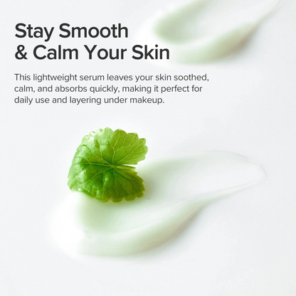 Beauty of Joseon Light On Serum Centella + Vita C 30ml serum texture swatch with green centella leaf on white background