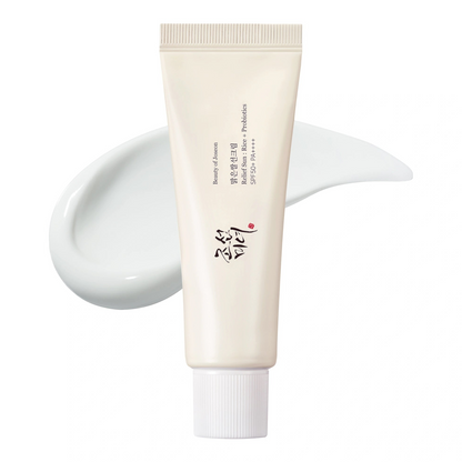 Beauty of Joseon Relief Sun: Rice + Probiotics SPF50+ PA++++ 50ml tube with a smooth white cream texture swatch behind it