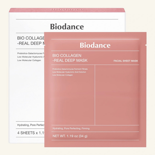 Biodance Bio-Collagen Real Deep Mask 34g pink sachet and white 4-sheet box front packshot on cream background