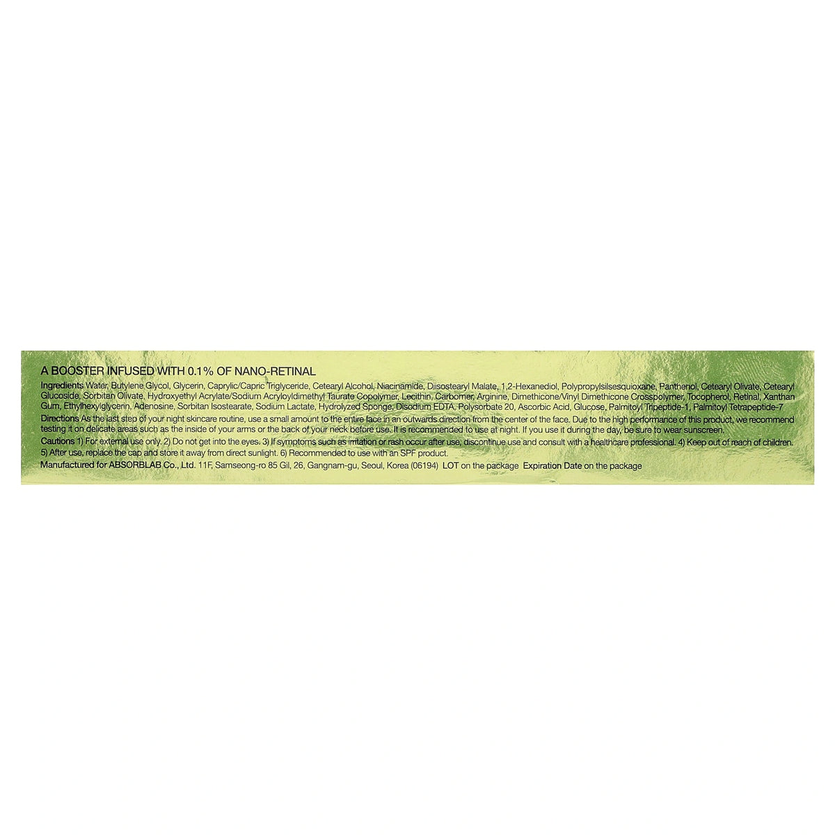 celimax Vita A Retinal Shot Tightening Booster 15ml - box back panel showing ingredient list and directions in English
