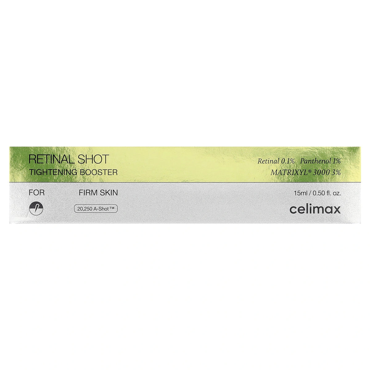 celimax Vita A Retinal Shot Tightening Booster 15ml - box front panel in silver and lime with product name, firm skin text and size