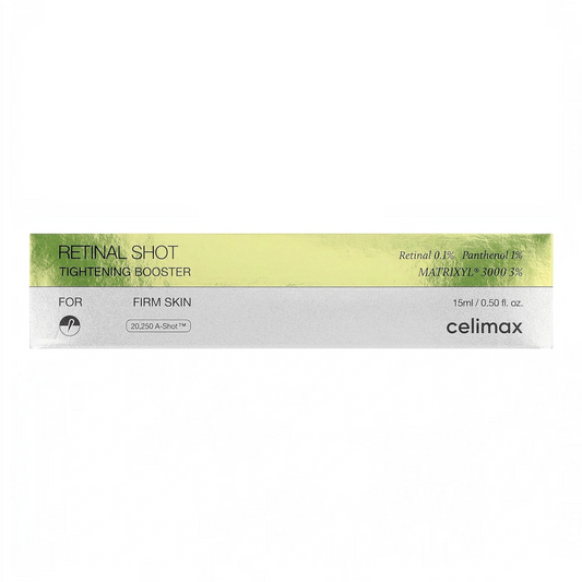 celimax Vita A Retinal Shot Tightening Booster 15ml - box front panel in silver and lime with product name, firm skin text and size