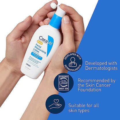 Hands holding the CeraVe AM Facial Moisturizing Lotion SPF 30 bottle and dispensing lotion, shown with icons for developed with dermatologists, recommended by the Skin Cancer Foundation, and suitable for all skin types.