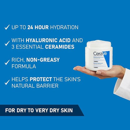 CeraVe Moisturising Cream benefits graphic listing up to 24 hour hydration, hyaluronic acid and 3 essential ceramides, and a rich non-greasy formula