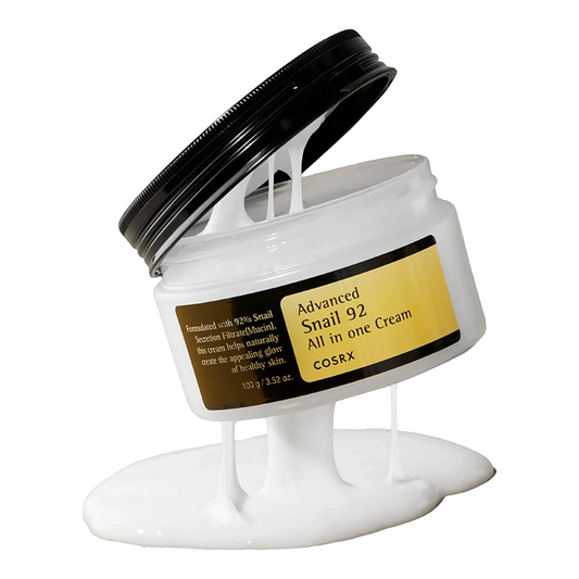 COSRX Advanced Snail 92 All in One Cream 100g open jar showing white cream texture dripping from lid