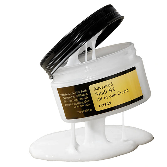 COSRX Advanced Snail 92 All in One Cream 100g open jar showing white cream texture dripping from lid